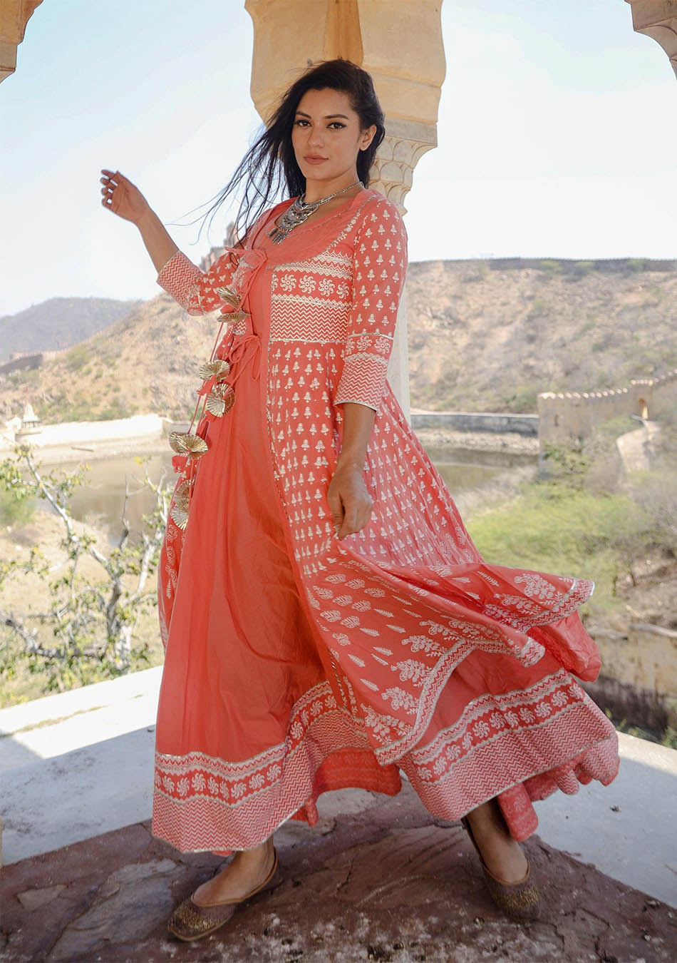 Pink Cotton Layered & Tiered Kurta