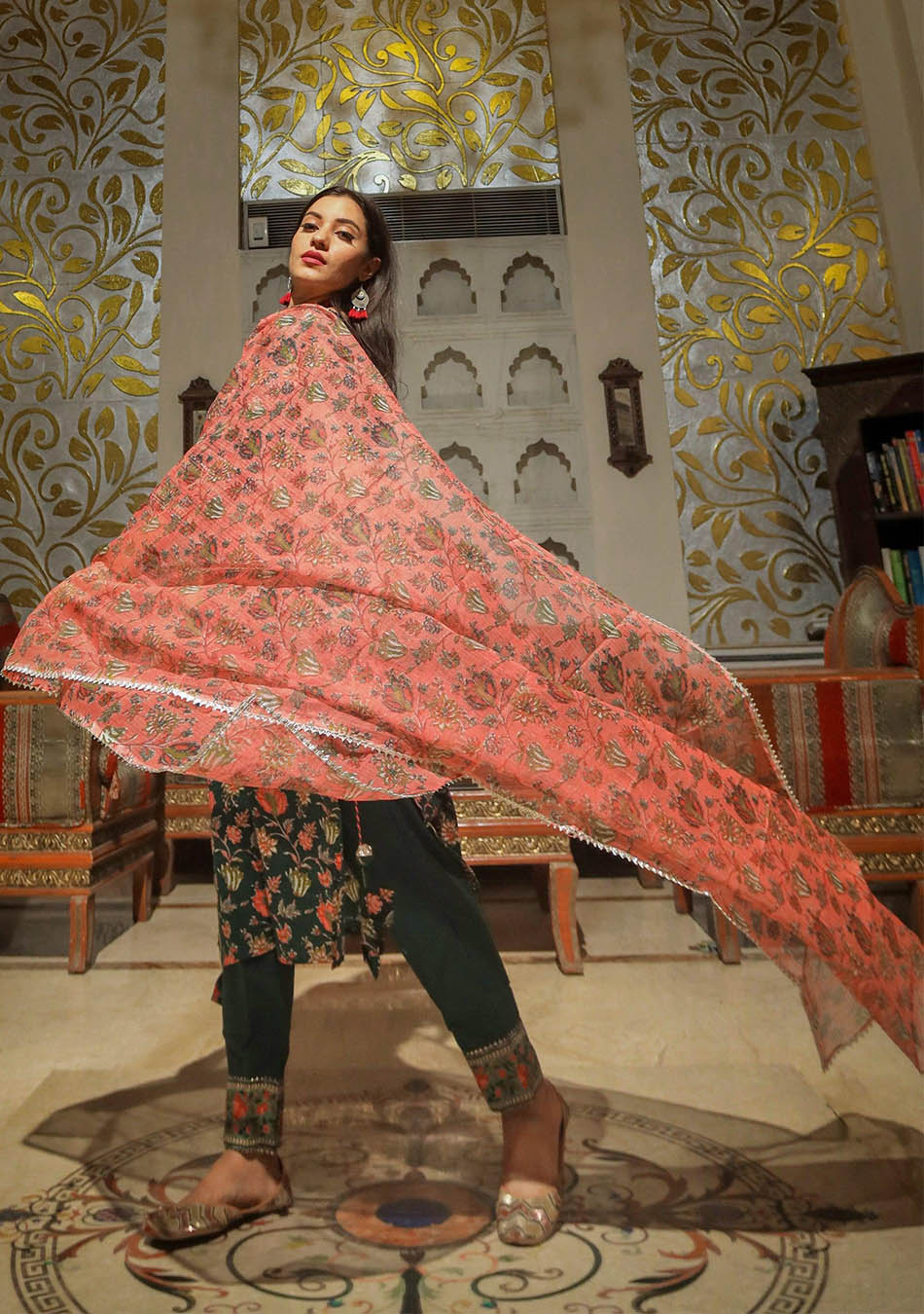 Green Floral Printed Kurta Pant Set with Dupatta