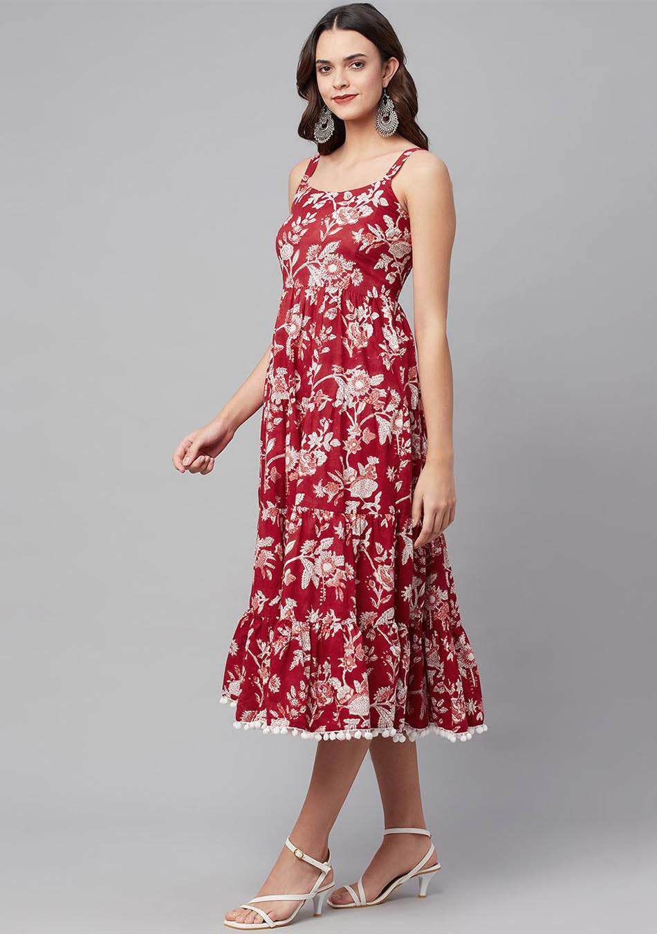 Red Floral Printed Shoulder Strap Long dress