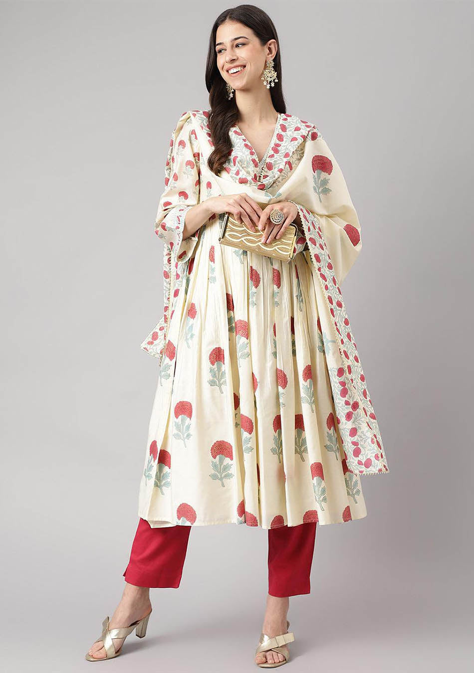 Cream Chanderi Floral Anarkali Kurta Pant Set with Dupatta