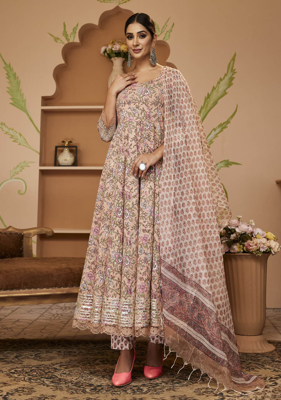 Handblock Printed Beige Anarkali Cotton Kurta With Trousers & Dupatta