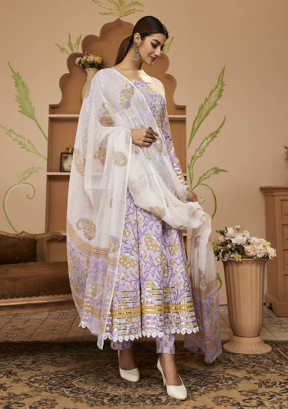 Handblock Printed Purple Anarkali Cotton Kurta With Trousers & Dupatta