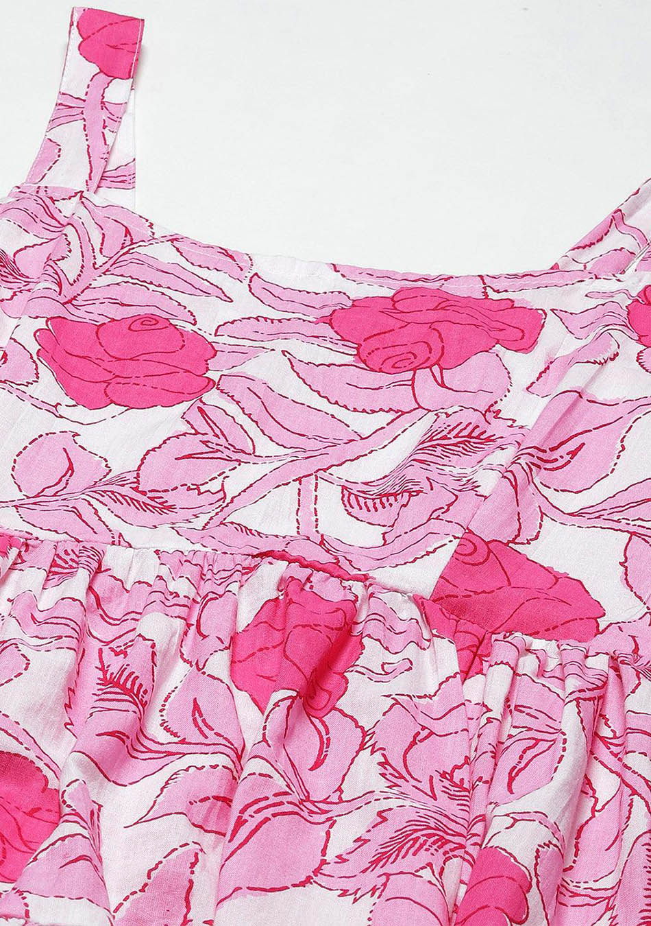 White & Pink Floral Shoulder Strip Long Dress