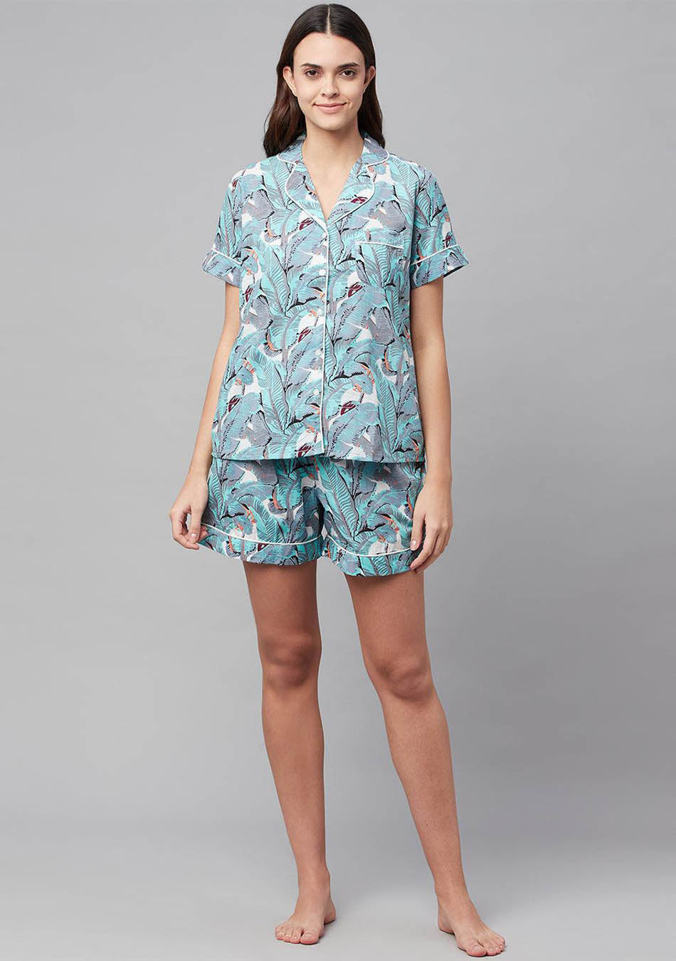 Seagreen Cotton Floral Print Night Suit