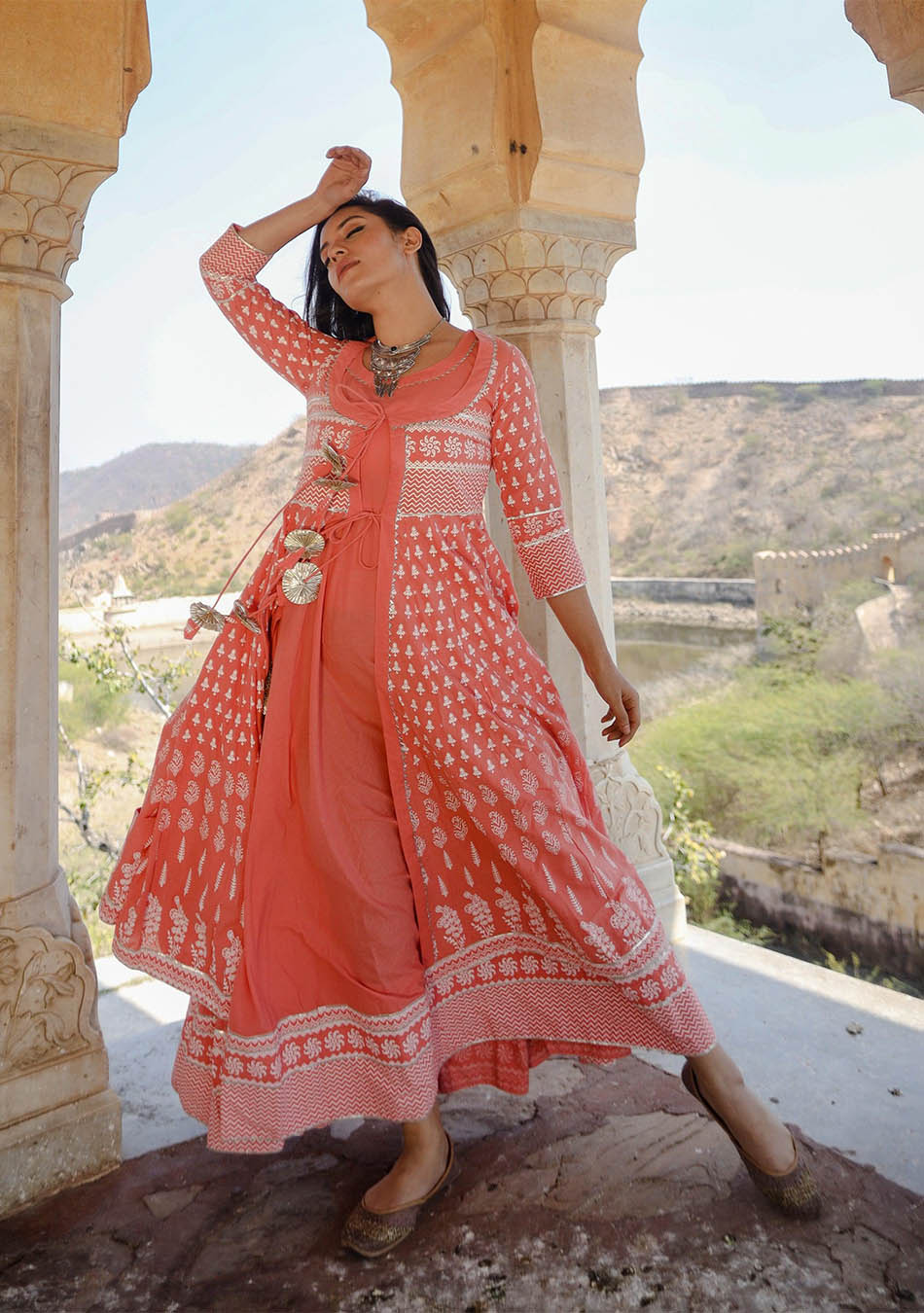 Pink Cotton Layered & Tiered Kurta