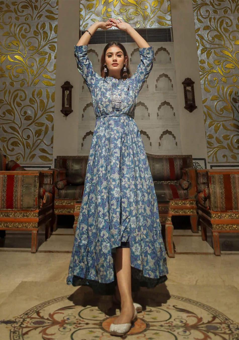 Indigo Blue High Low Flared Kurta with Belt