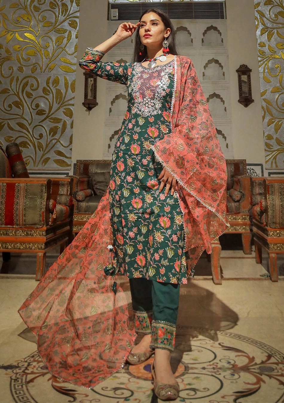 Green Floral Printed Kurta Pant Set with Dupatta