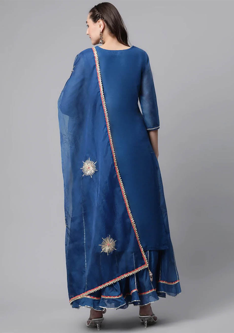 Blue Solid Chanderi Kurta Skirt Set with Dupatta