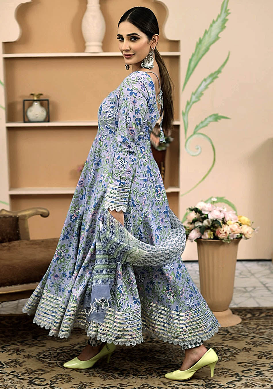 Handblock Printed Blue Anarkali Cotton Kurta With Trousers & Dupatta