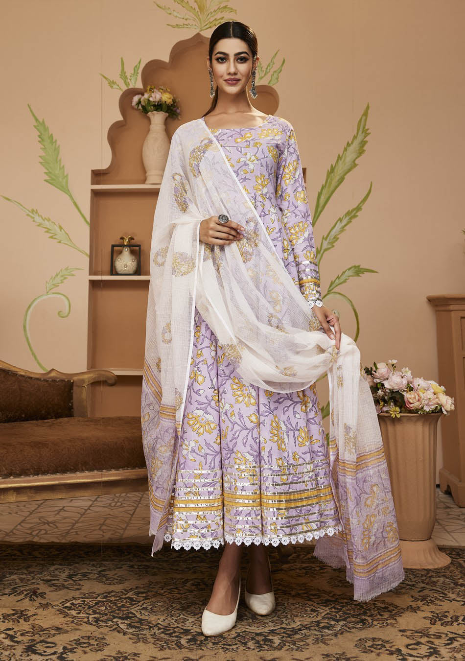 Handblock Printed Purple Anarkali Cotton Kurta With Trousers & Dupatta