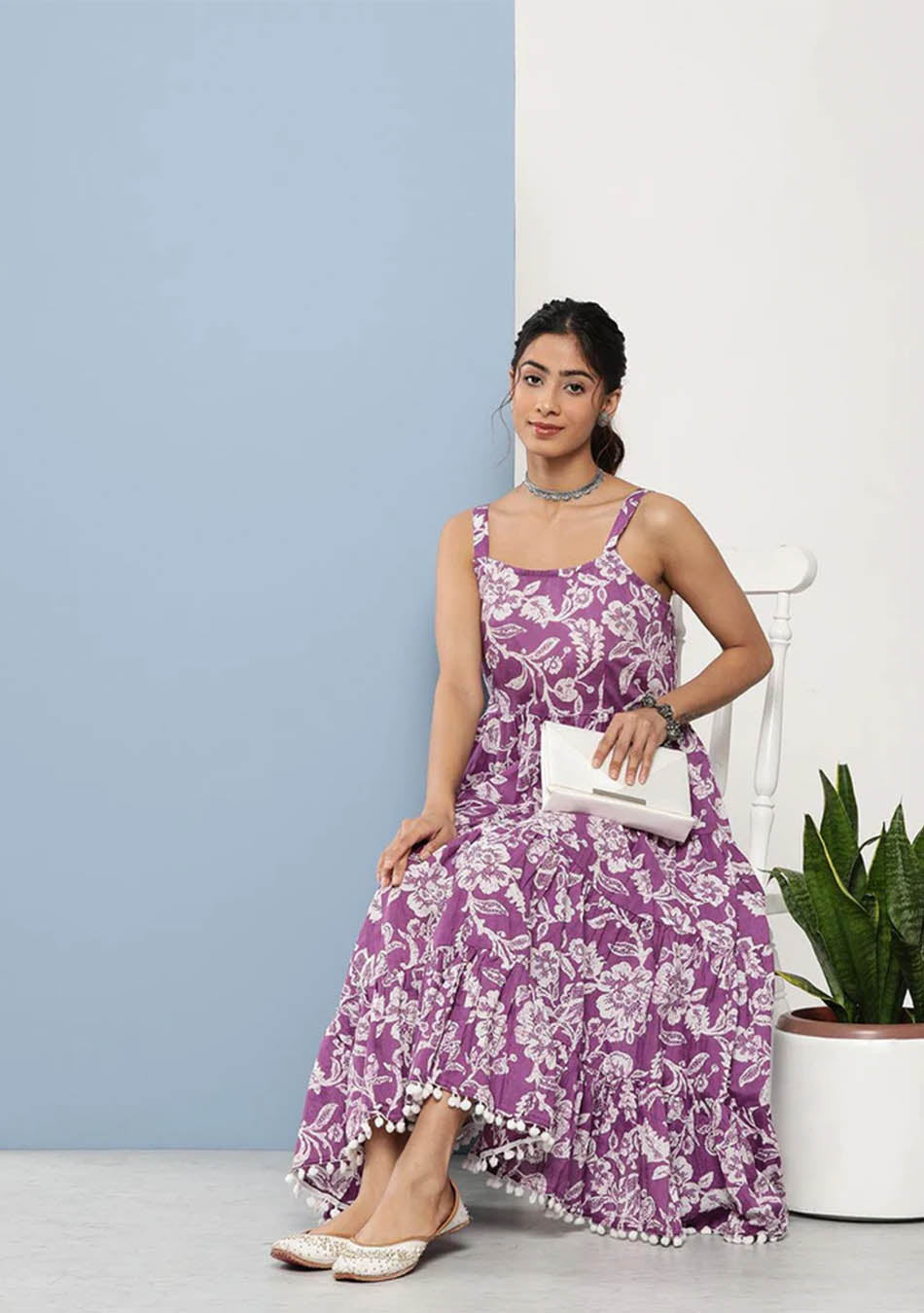 Purple Floral Shoulder Strip Long Dress