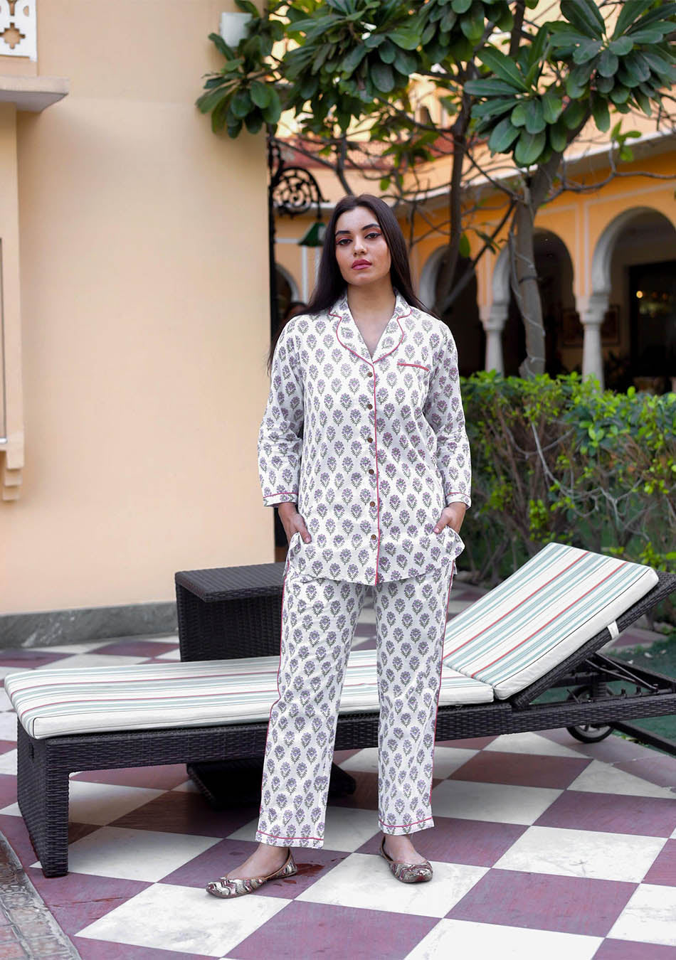 White Printed Cotton Night Suit