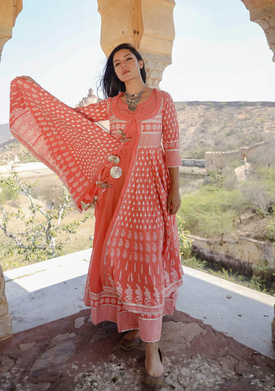 Pink Cotton Layered & Tiered Kurta