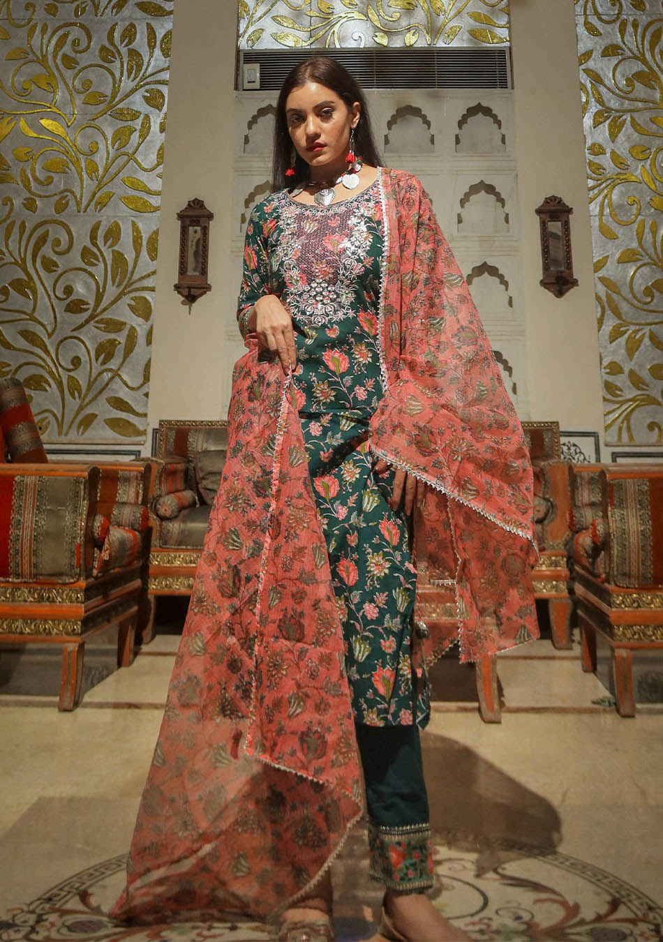 Green Floral Printed Kurta Pant Set with Dupatta