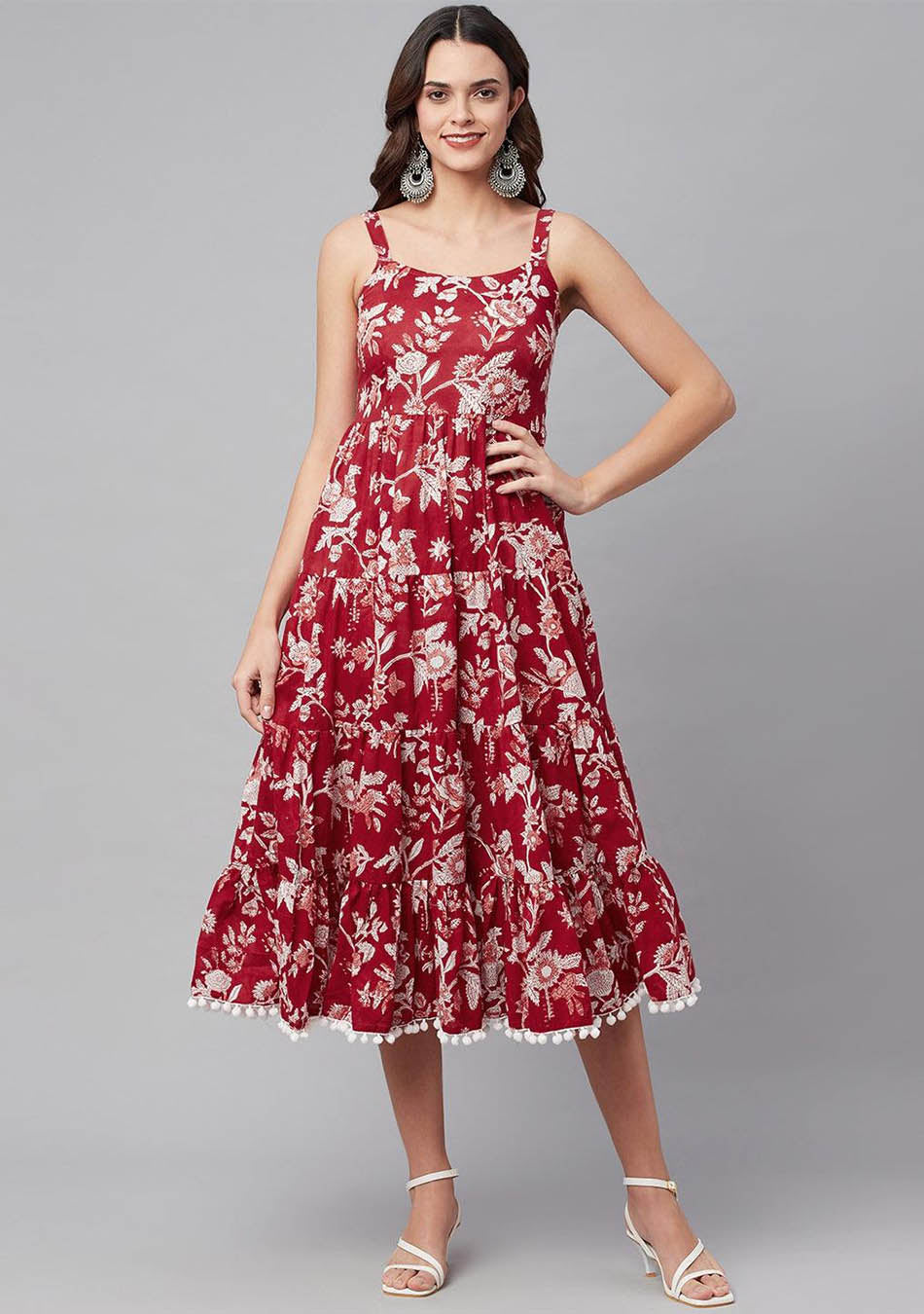 Red Floral Printed Shoulder Strap Long dress