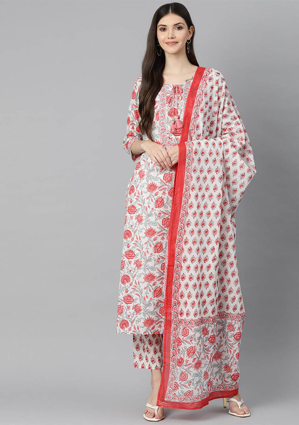 White Floral Printed Kurta Pant Set with Dupatta