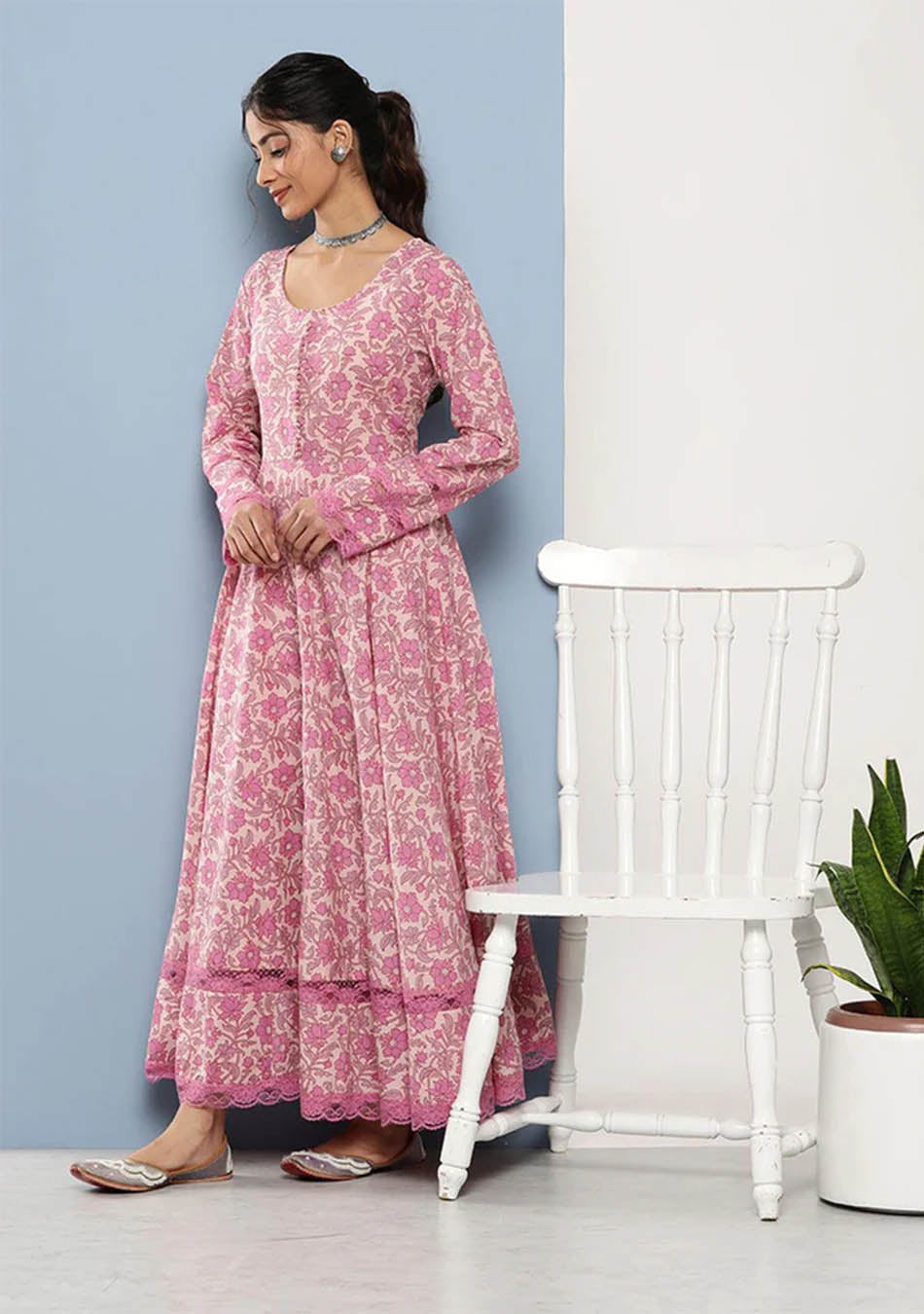 Lilac Floral Printed Anarkali Kurta Pant set with Dupatta