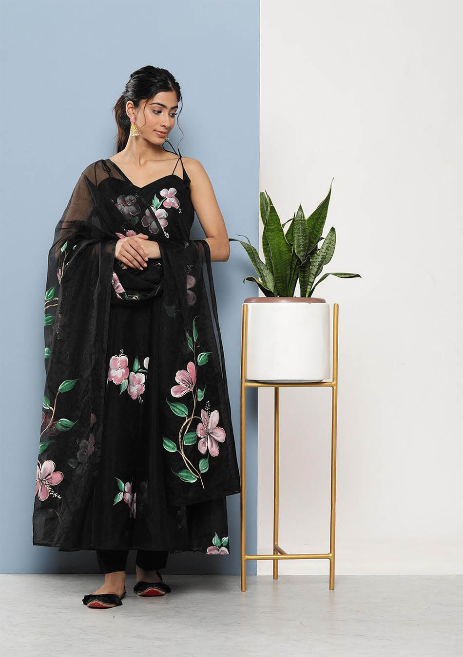 Black Hand Painted Floral Organza Anarkali Kurta Pant Set with Dupatta