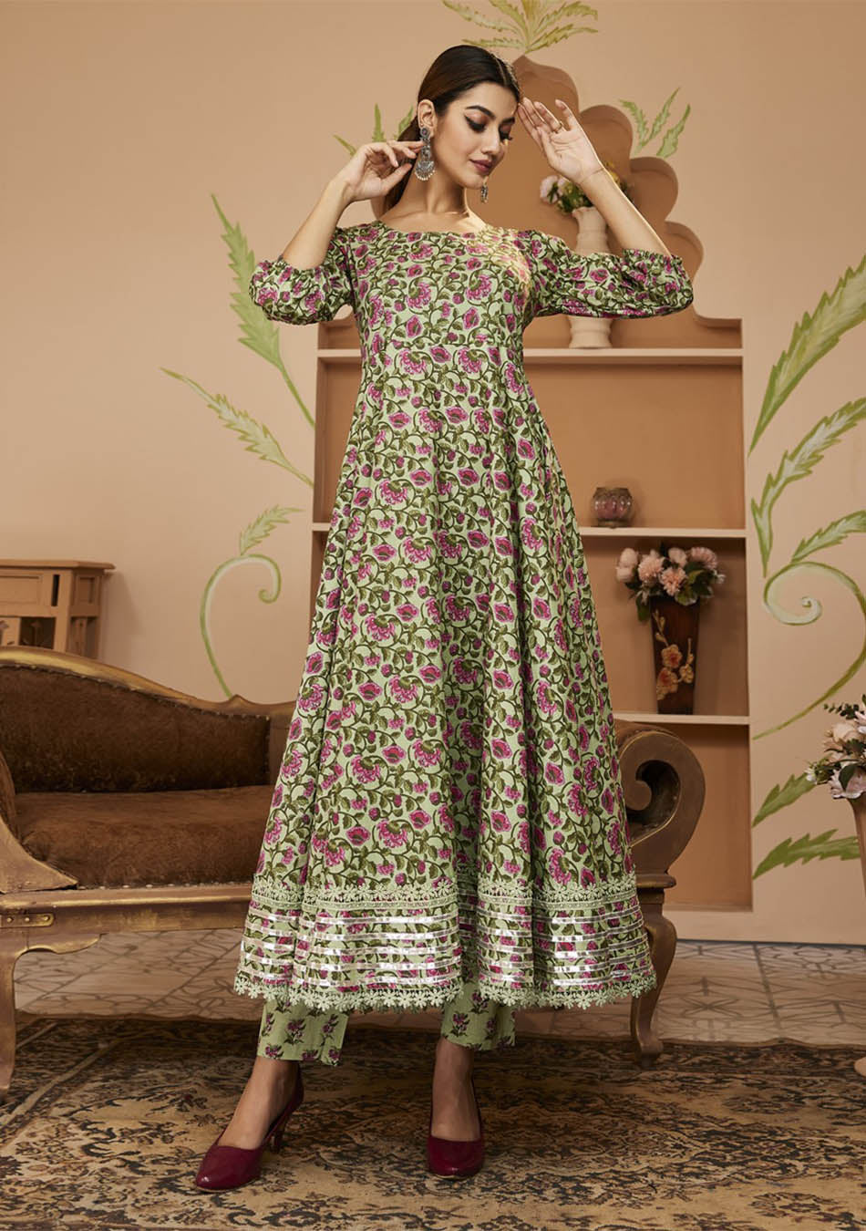 HandBlock Printed Gotta Patti Anarkali Cotton Kurta With Trousers