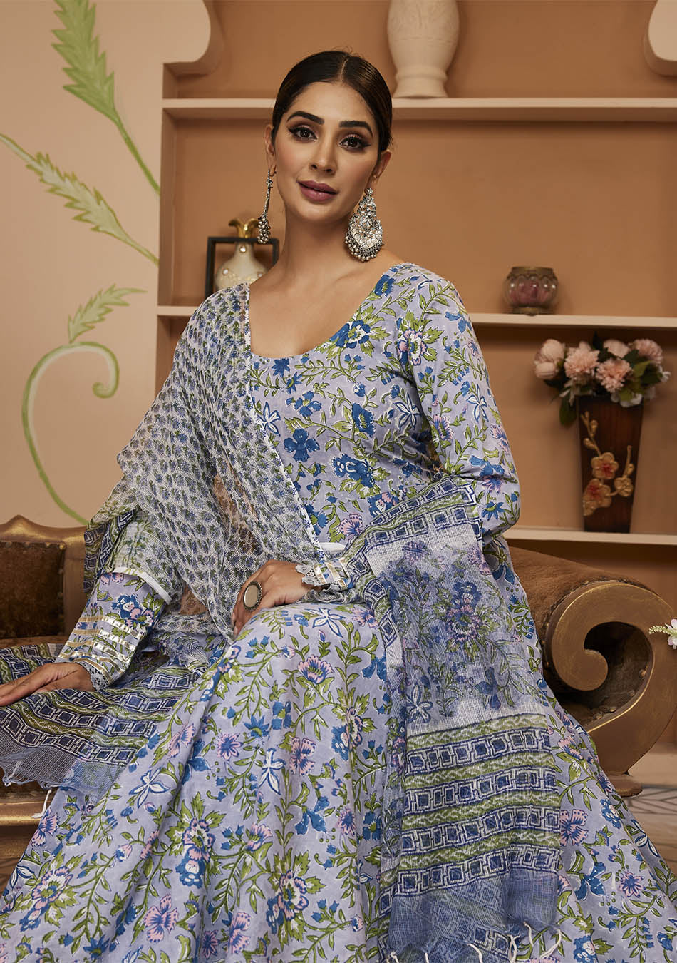 Handblock Printed Blue Anarkali Cotton Kurta With Trousers & Dupatta