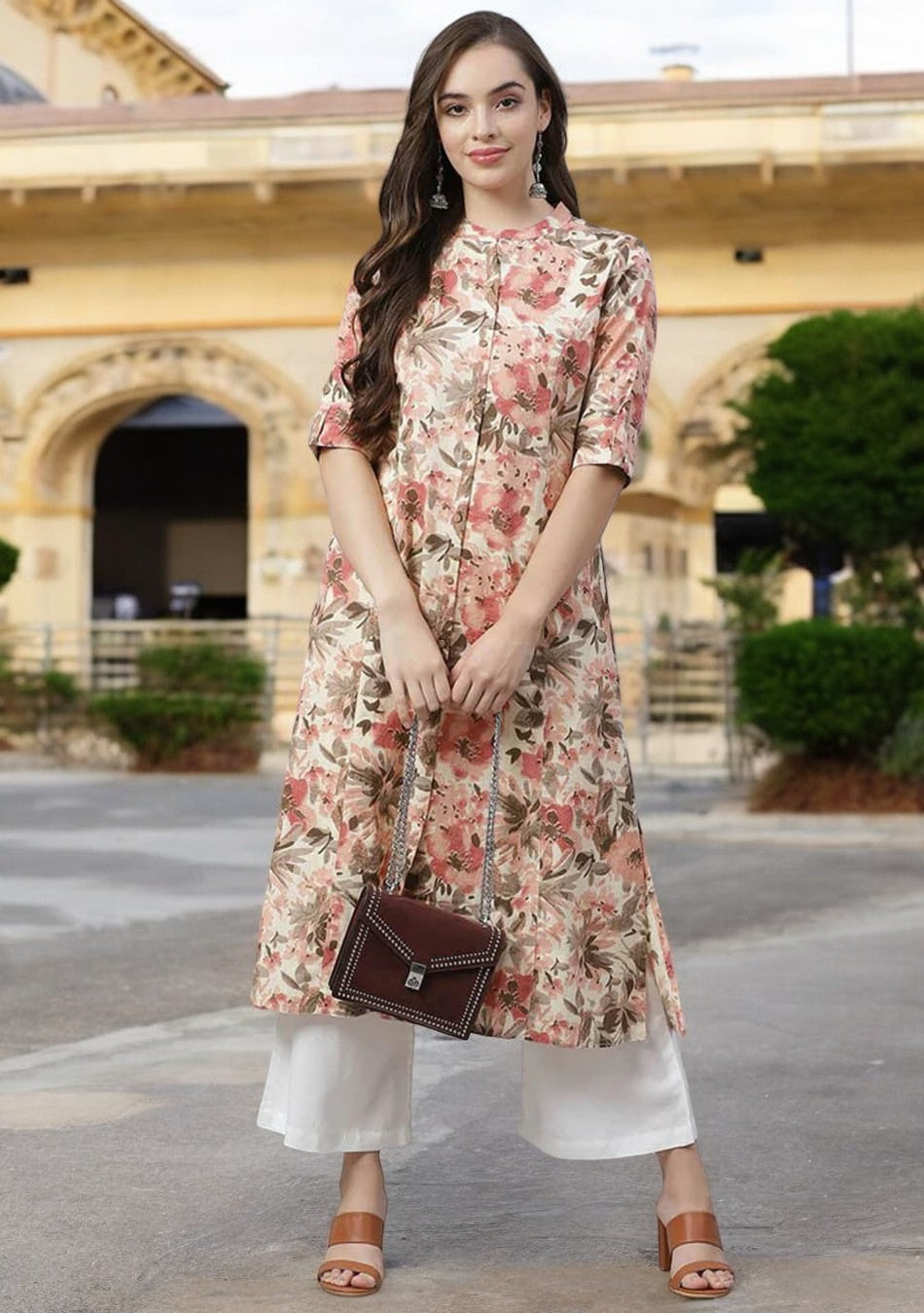 Cream Floral Print A-line cotton Kurta