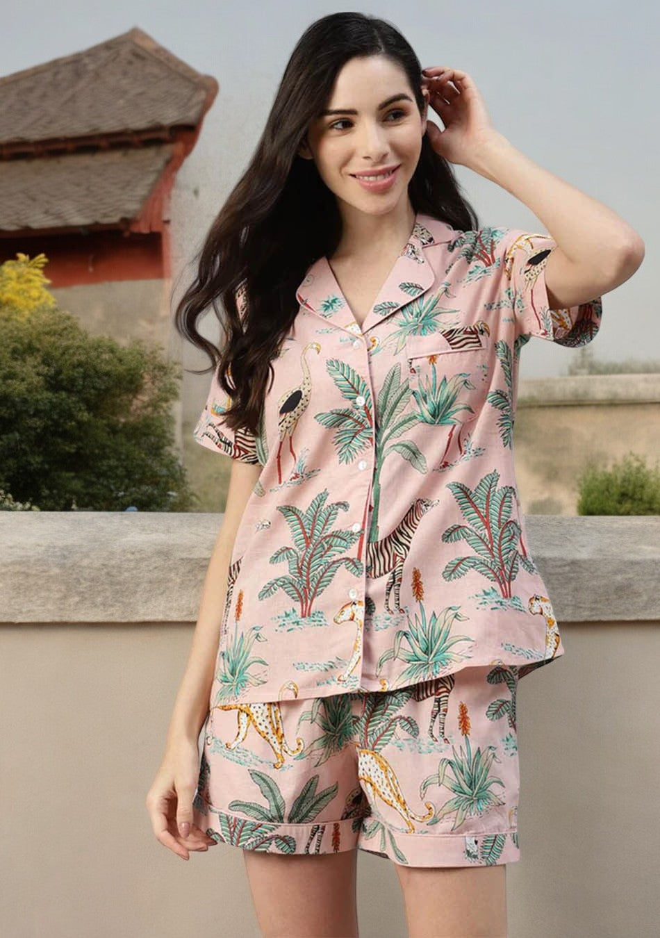 Pink Cotton Floral Print Night Suit