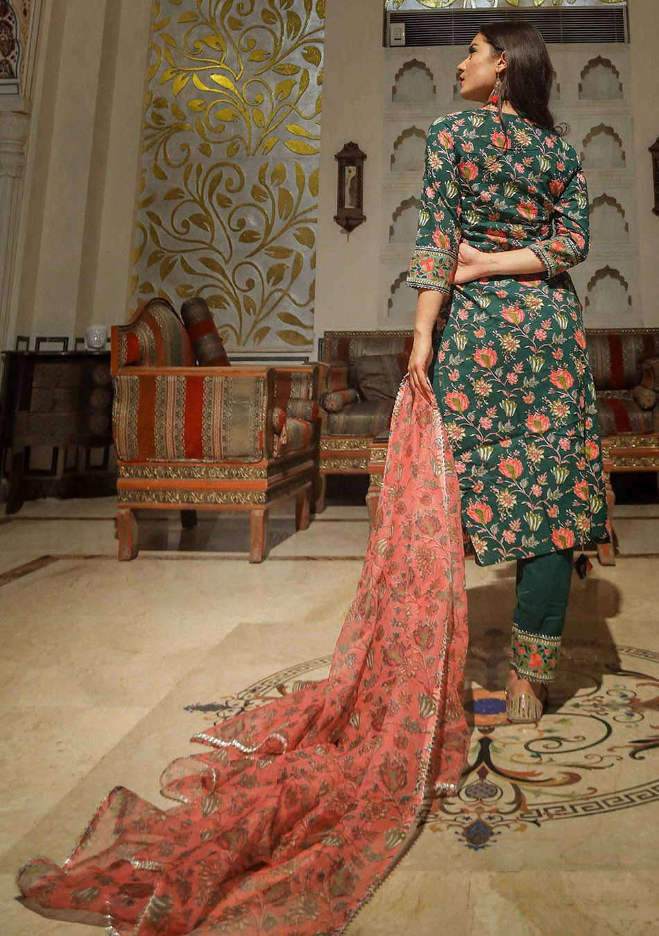 Green Floral Printed Kurta Pant Set with Dupatta