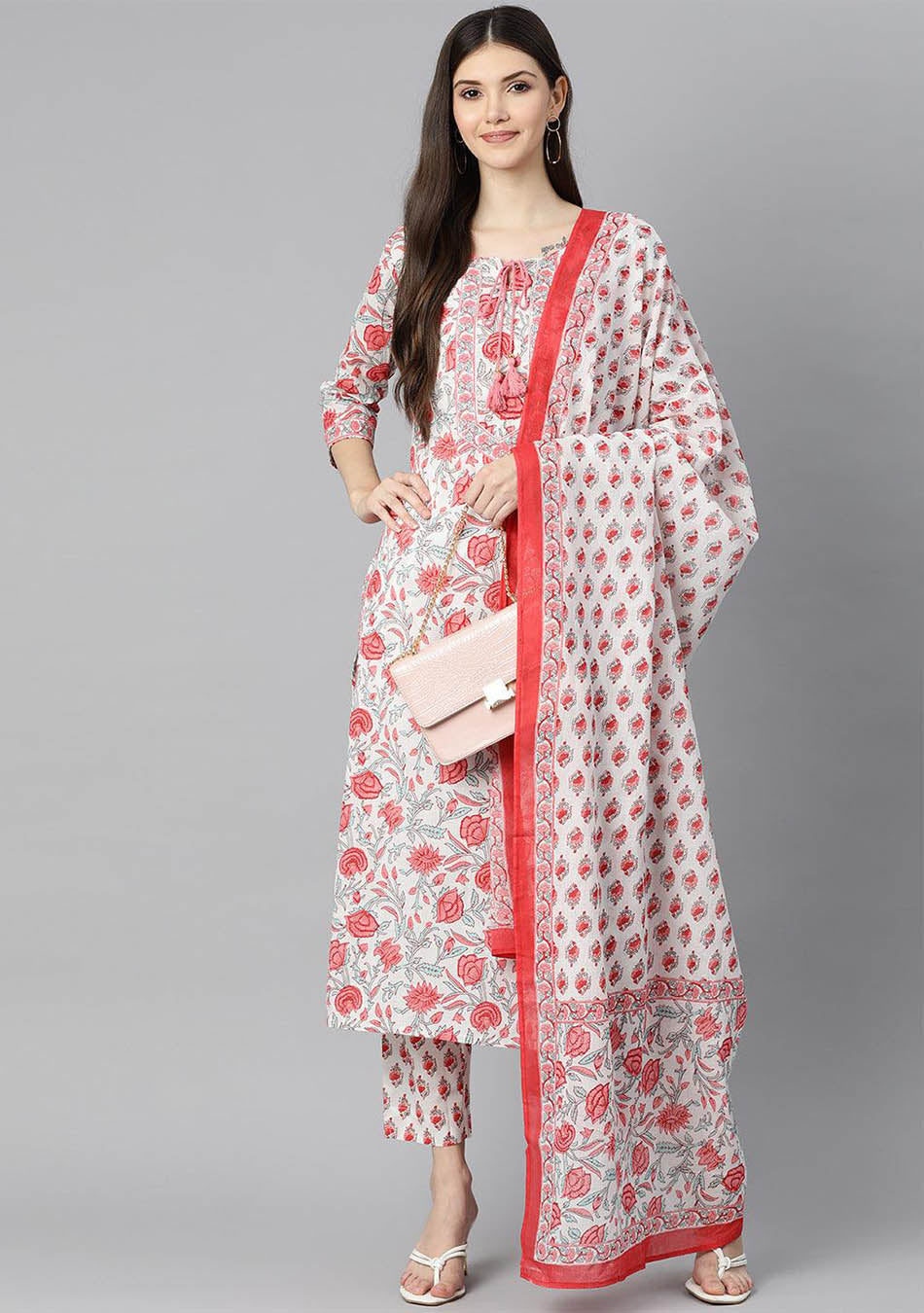 White Floral Printed Kurta Pant Set with Dupatta