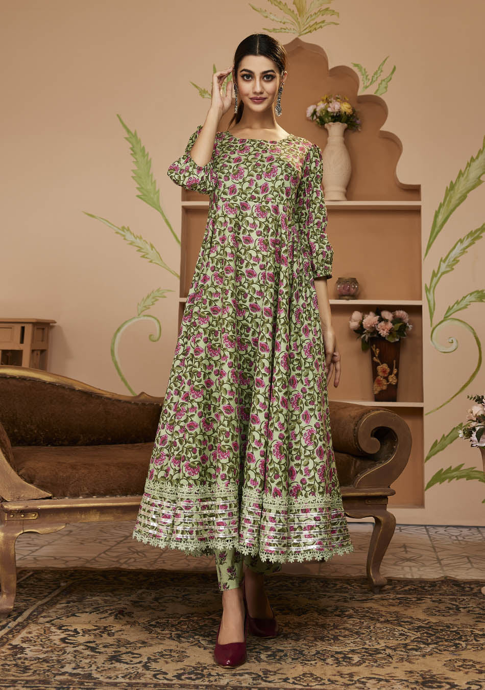 HandBlock Printed Gotta Patti Anarkali Cotton Kurta With Trousers