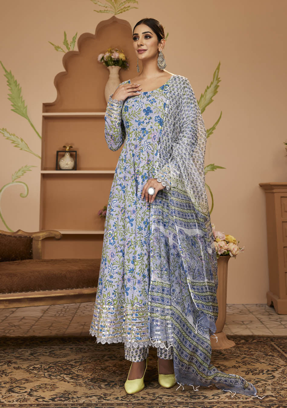 Handblock Printed Blue Anarkali Cotton Kurta With Trousers & Dupatta