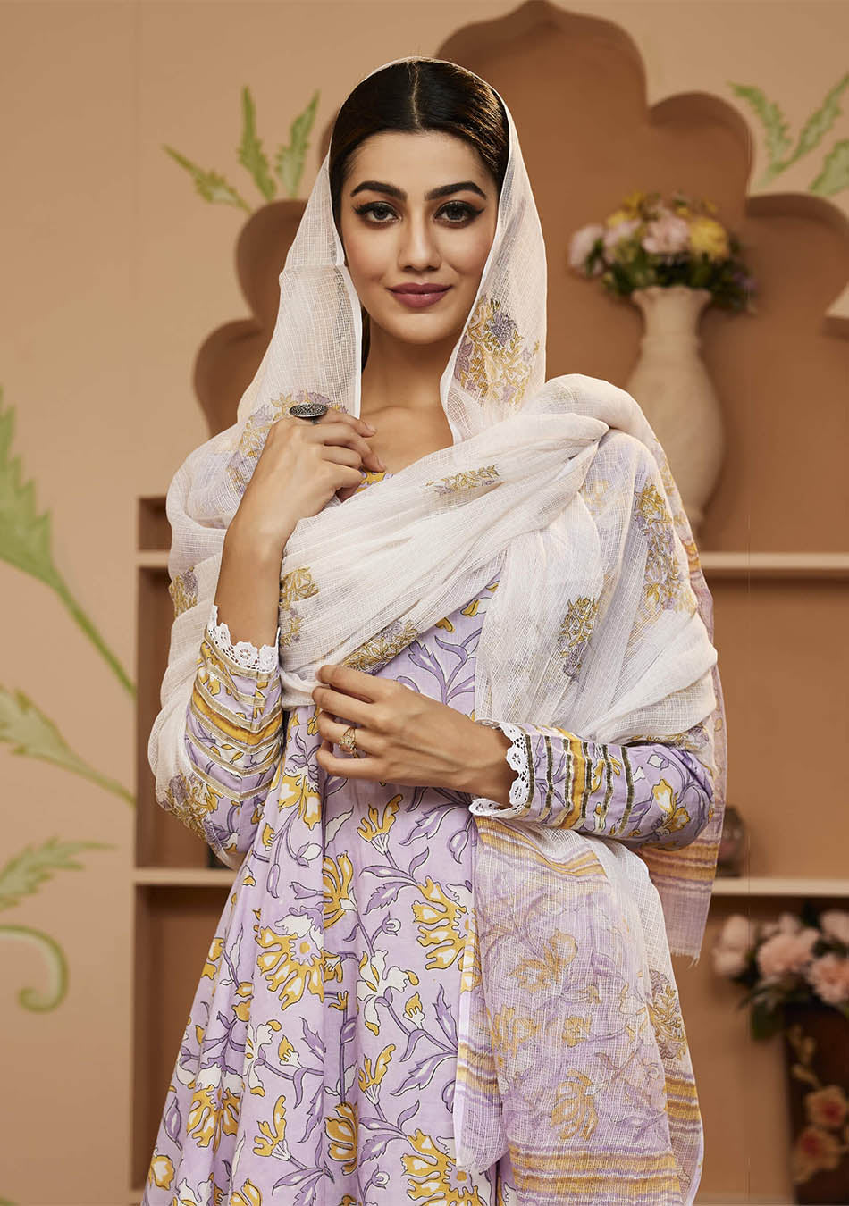 Handblock Printed Purple Anarkali Cotton Kurta With Trousers & Dupatta