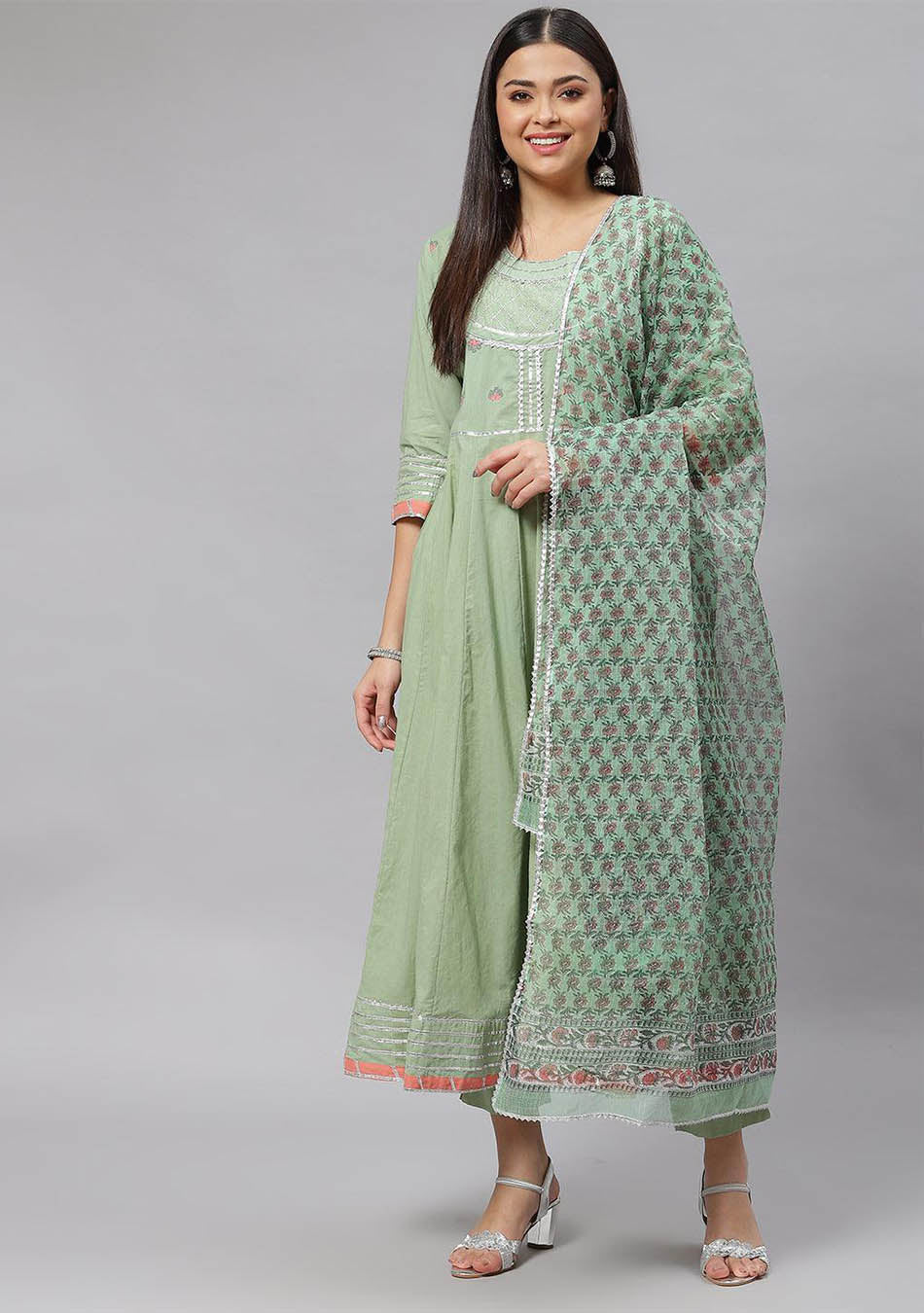 Solid Green Anarkali Kurta Pant Set with Kota doria dupatta