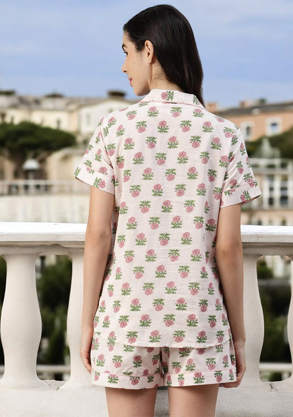 Baby pink Cotton Floral Print Night Suit