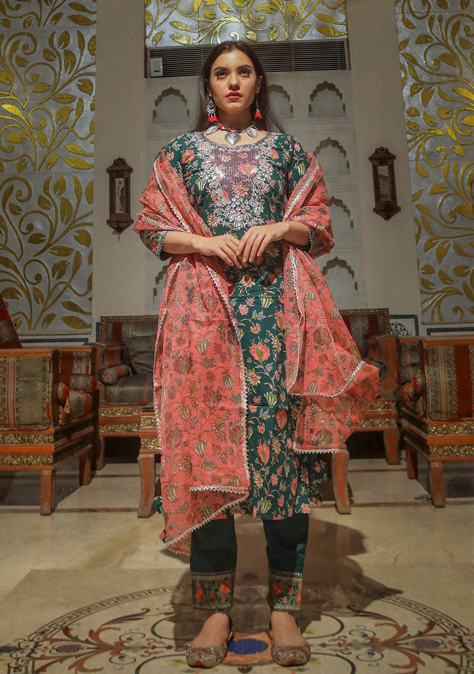 Green Floral Printed Kurta Pant Set with Dupatta