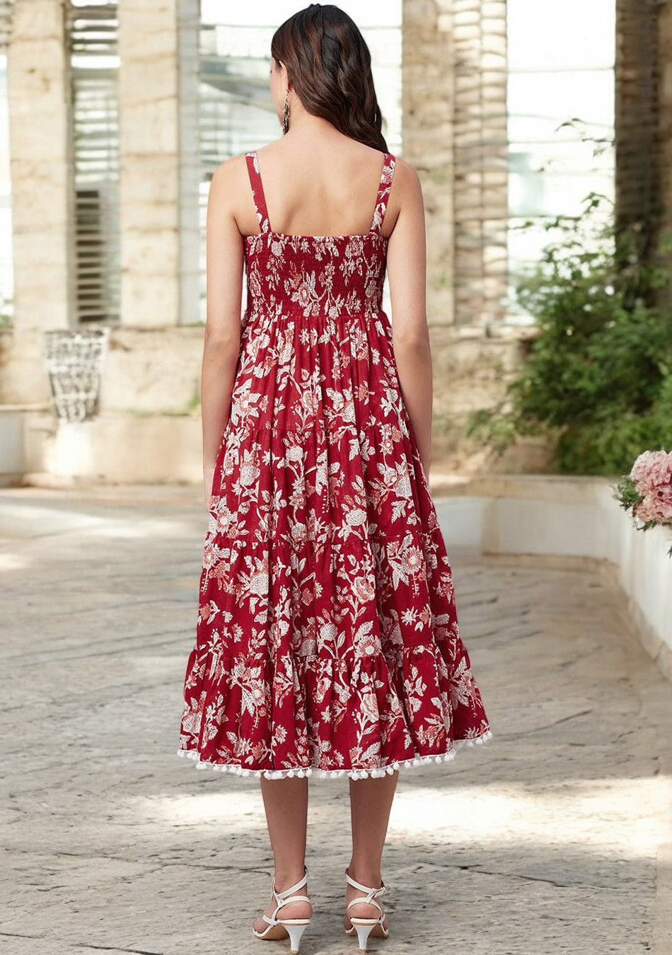 Red Floral Printed Shoulder Strap Long dress