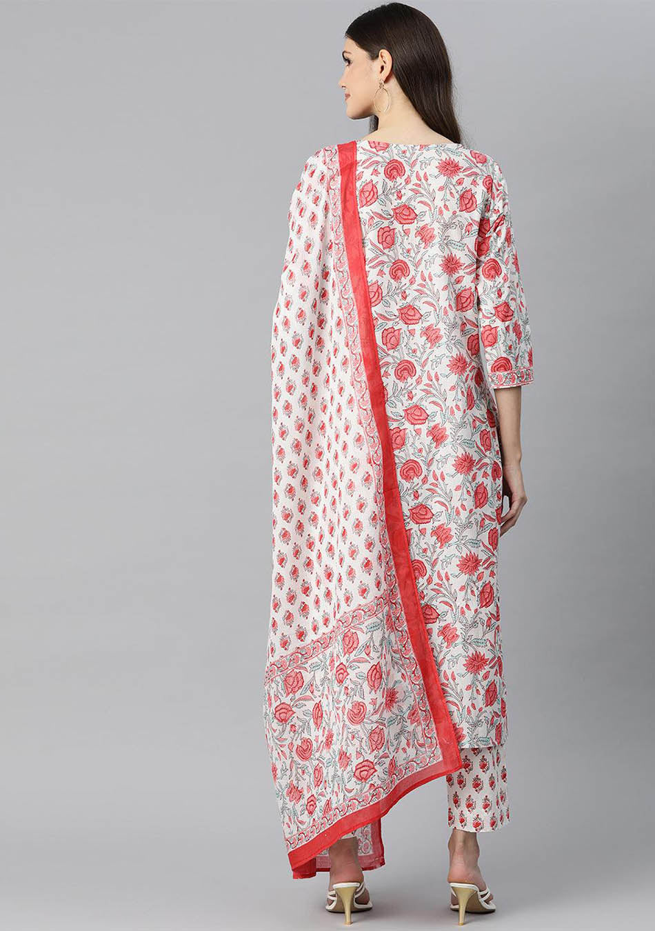 White Floral Printed Kurta Pant Set with Dupatta
