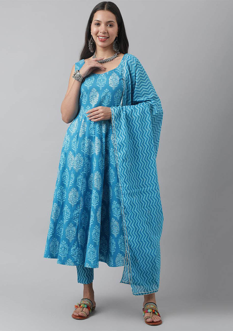Turquoise Blue Floral Cotton Anarkali Kurta Pant Set with Matching Dupatta