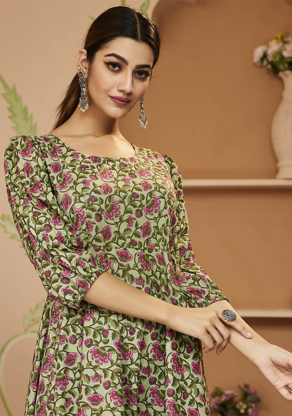 HandBlock Printed Gotta Patti Anarkali Cotton Kurta With Trousers