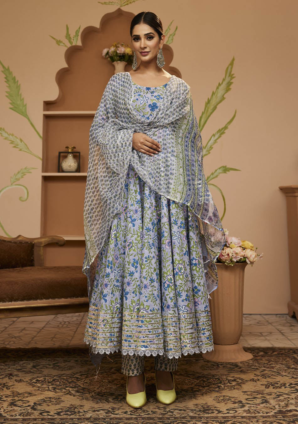 Handblock Printed Blue Anarkali Cotton Kurta With Trousers & Dupatta