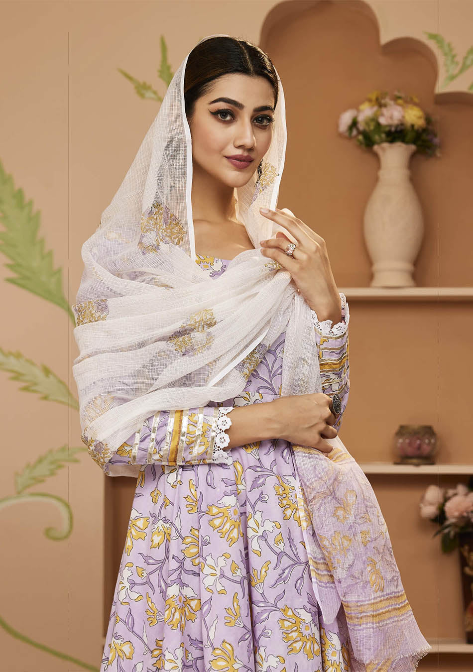 Handblock Printed Purple Anarkali Cotton Kurta With Trousers & Dupatta