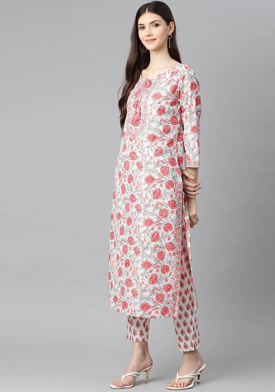 White Floral Printed Kurta Pant Set with Dupatta