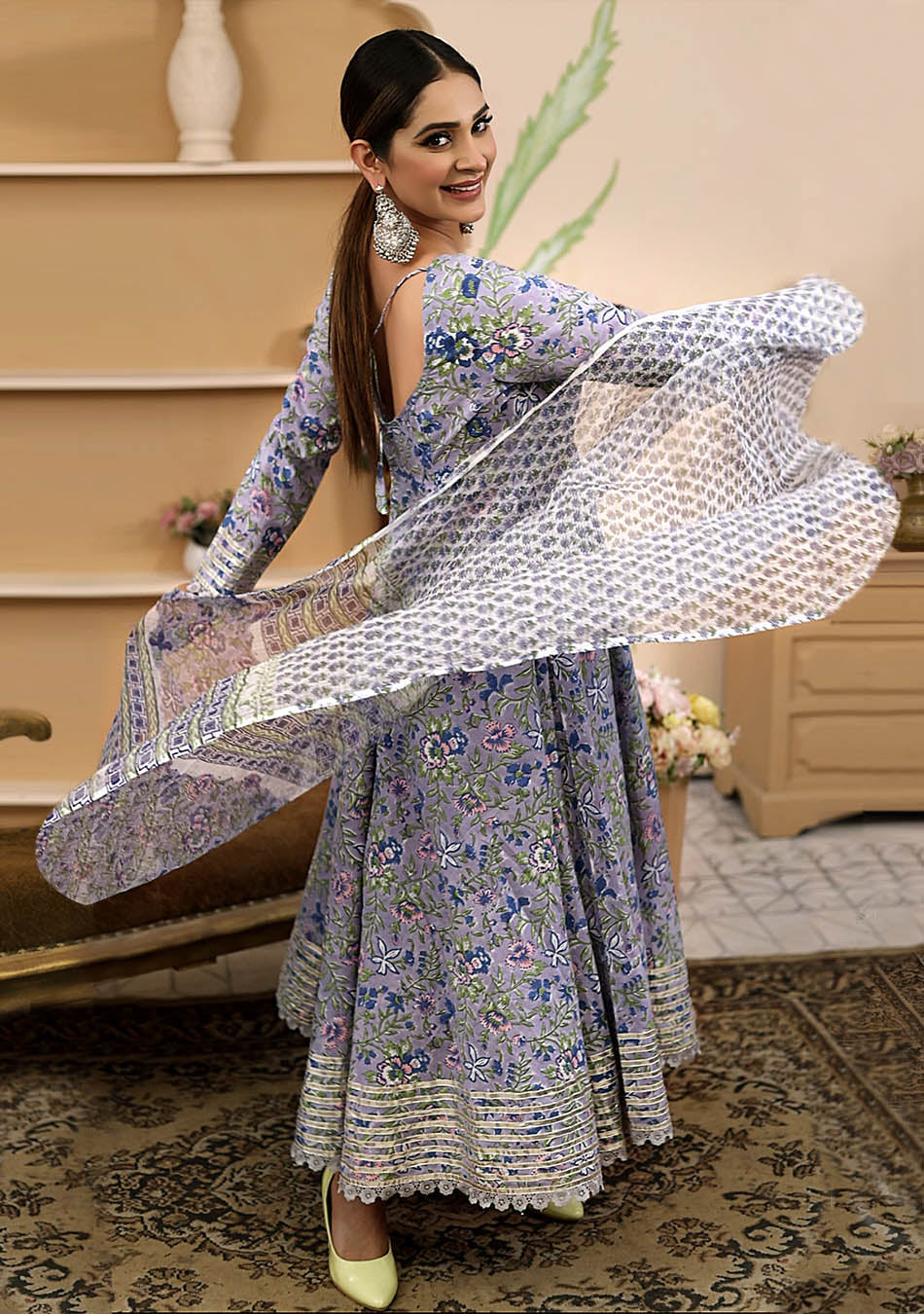 Handblock Printed Blue Anarkali Cotton Kurta With Trousers & Dupatta