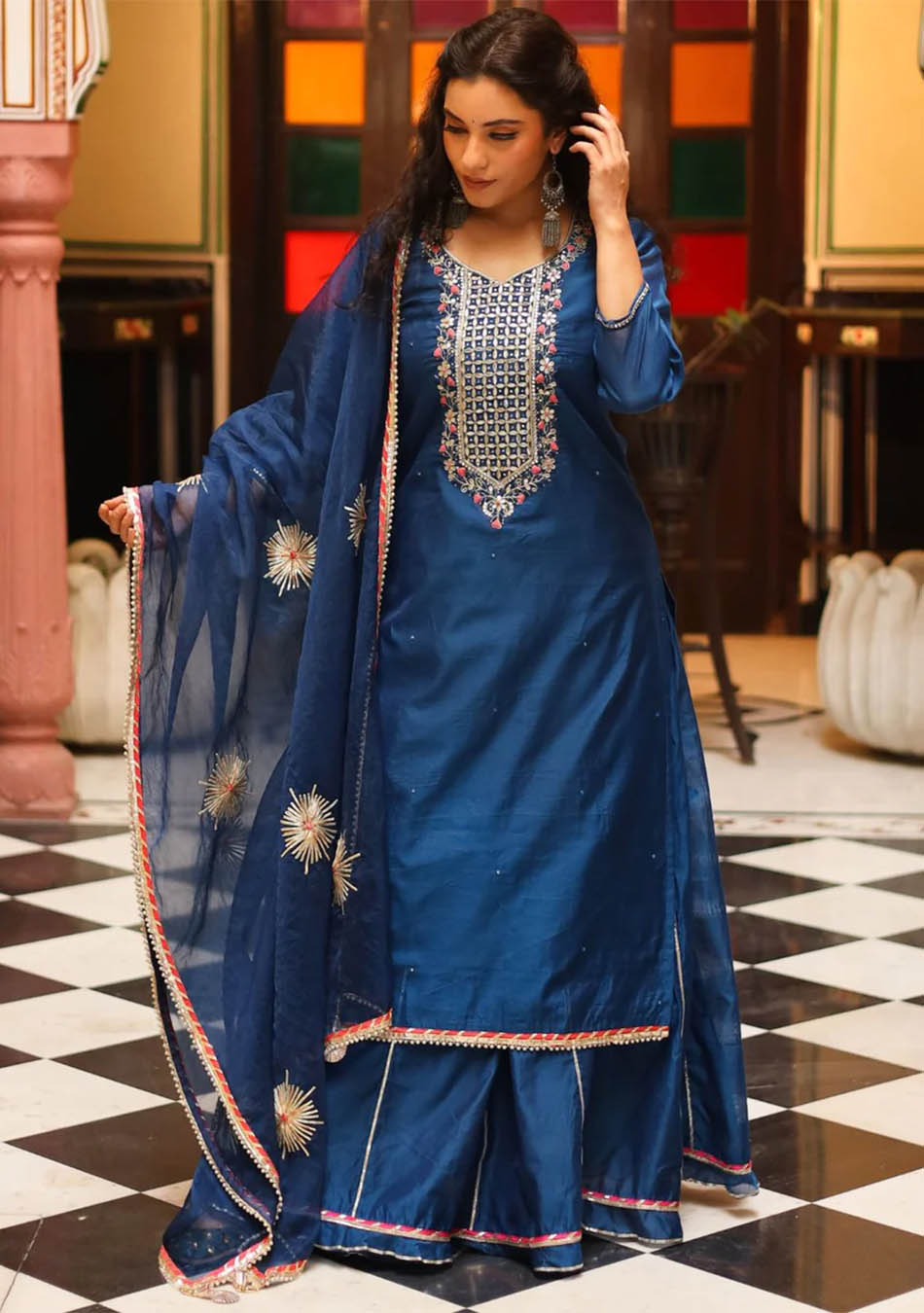 Blue Solid Chanderi Kurta Skirt Set with Dupatta