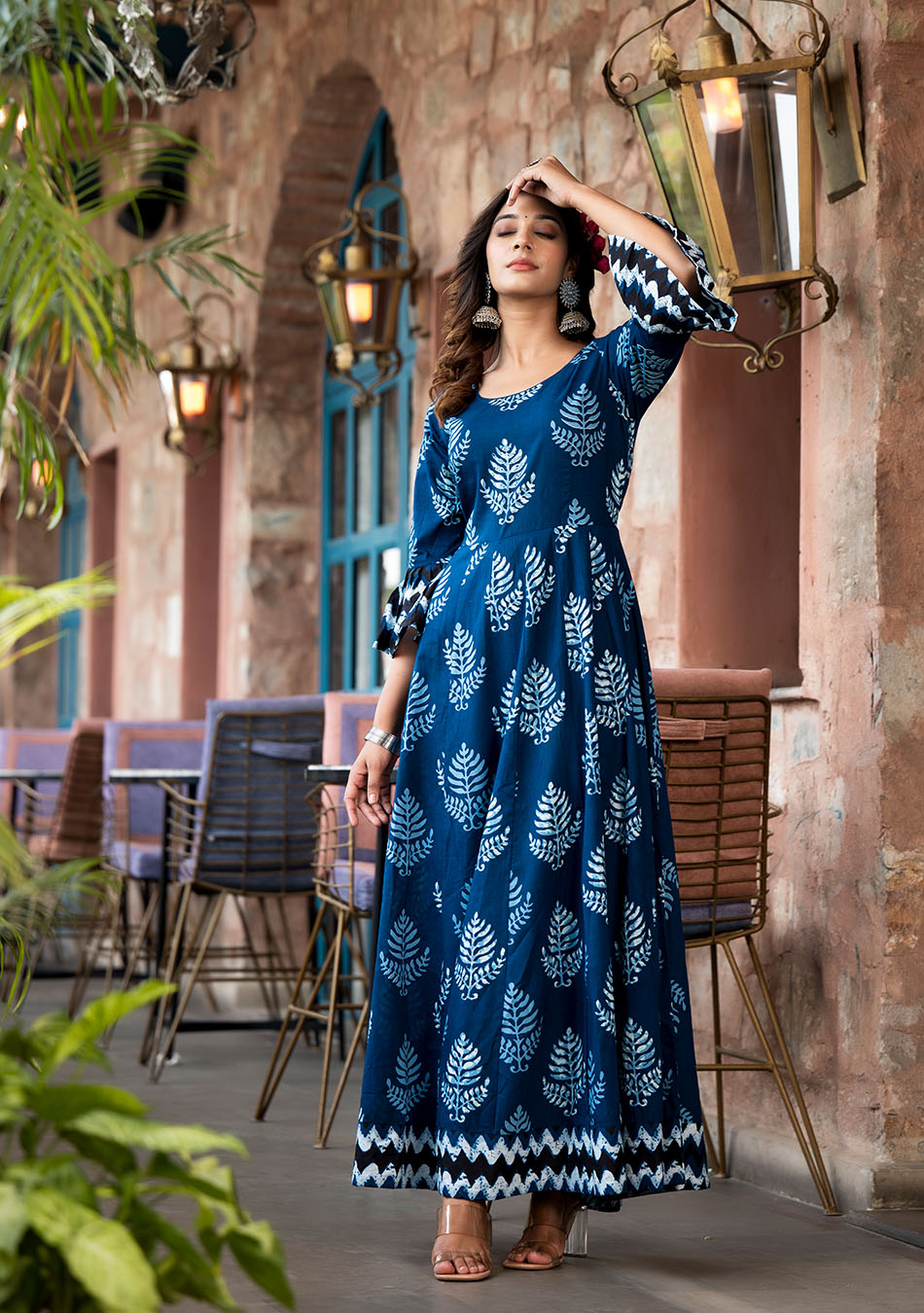 Indigo Elegance Long Cotton Anarkali