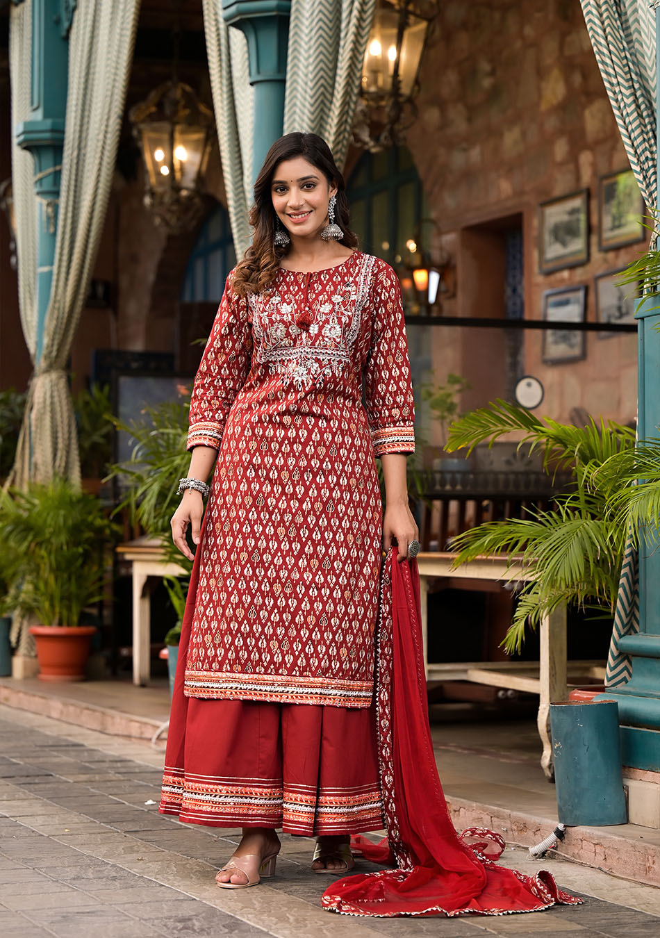 Maroon Cotton Palazzo Set With Sheer Elegance
