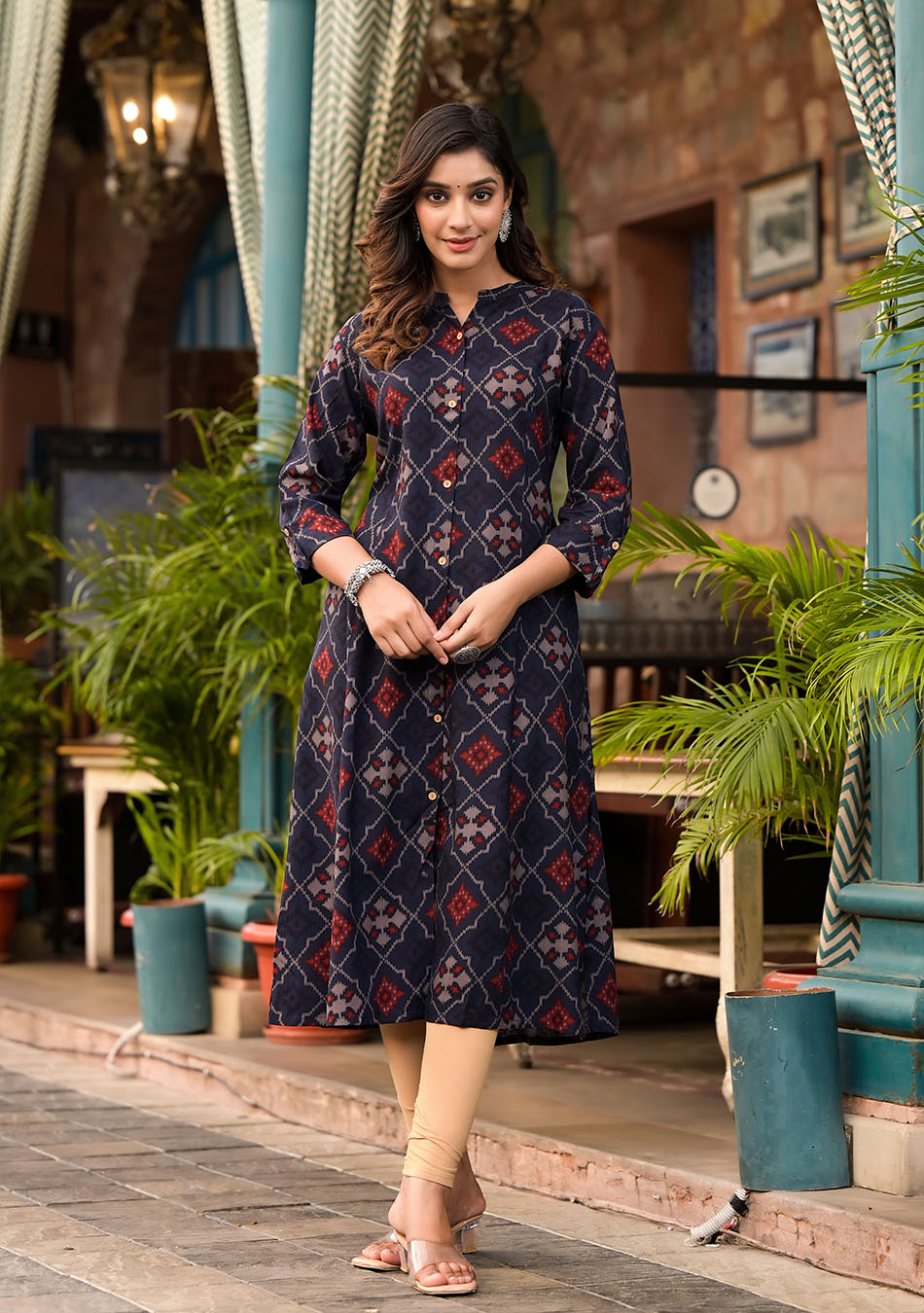 Dark Blue A-Line Printed Rayon Kurta