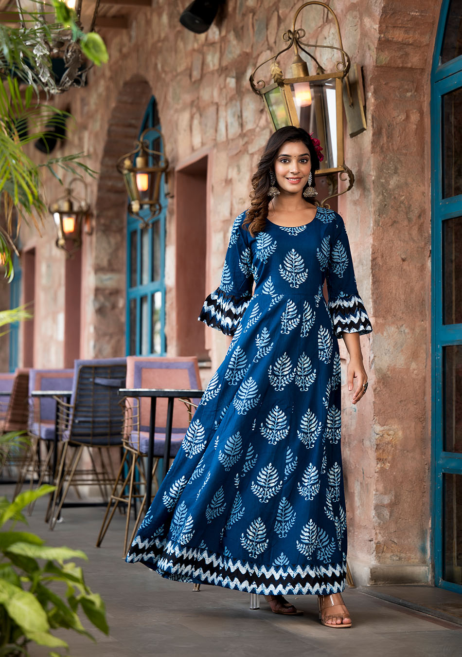 Indigo Elegance Long Cotton Anarkali