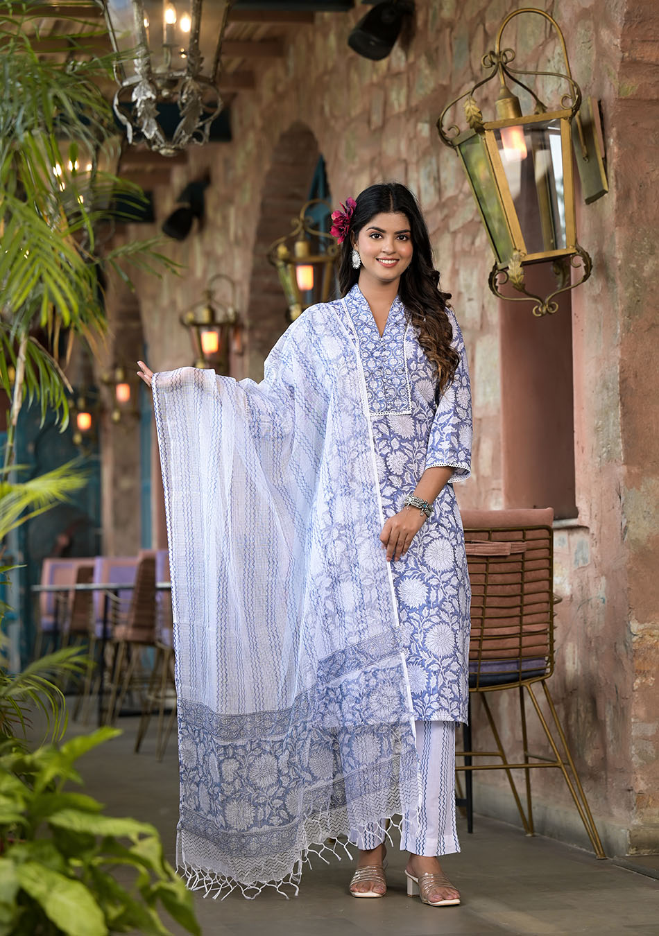 Sky Blue Hand Block Printed Kurta Pant Set with Dupatta