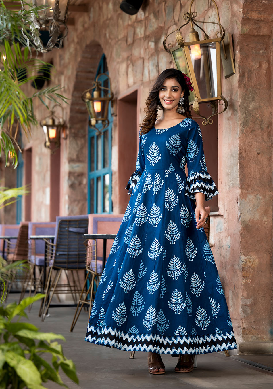 Indigo Elegance Long Cotton Anarkali