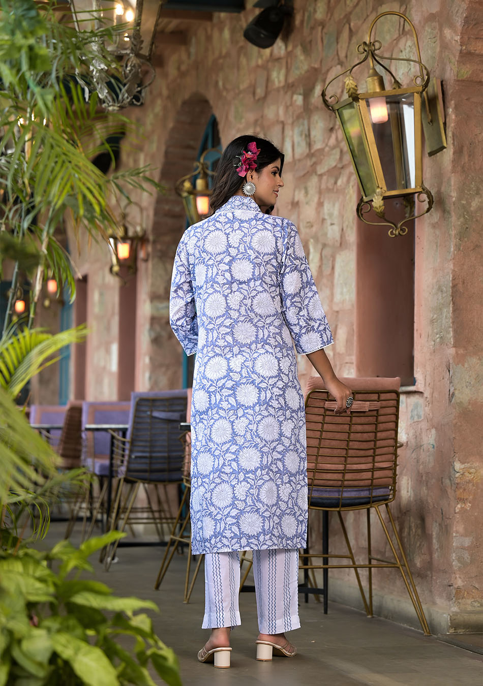 Sky Blue Hand Block Printed Kurta Pant Set with Dupatta